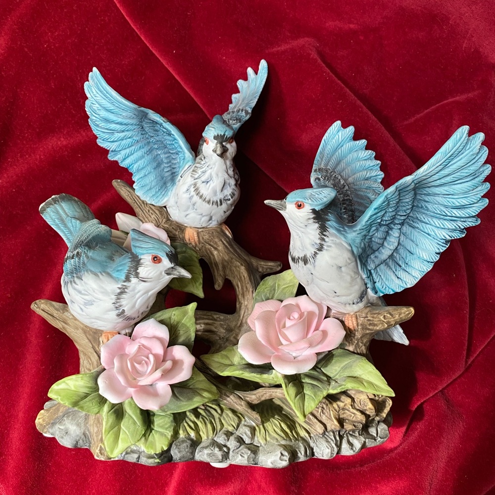 Westminster Ceramic BlueJays on Rose Branches. Porcelain/Bisque